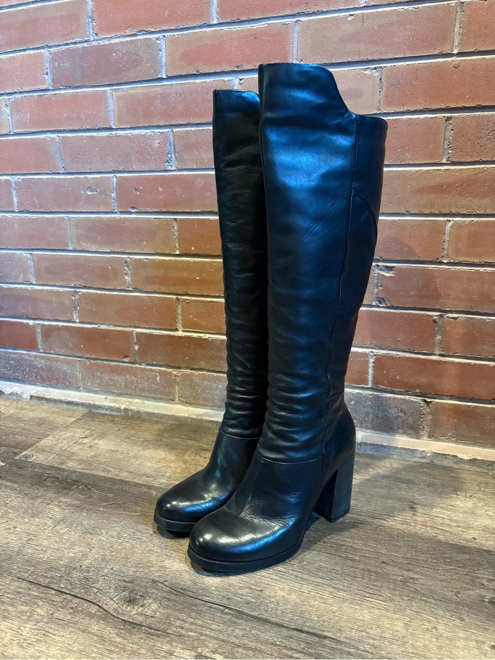 Women's Miz Mooz Black Leather Knee-High Block Heel Boots - 38 (size 7.5)